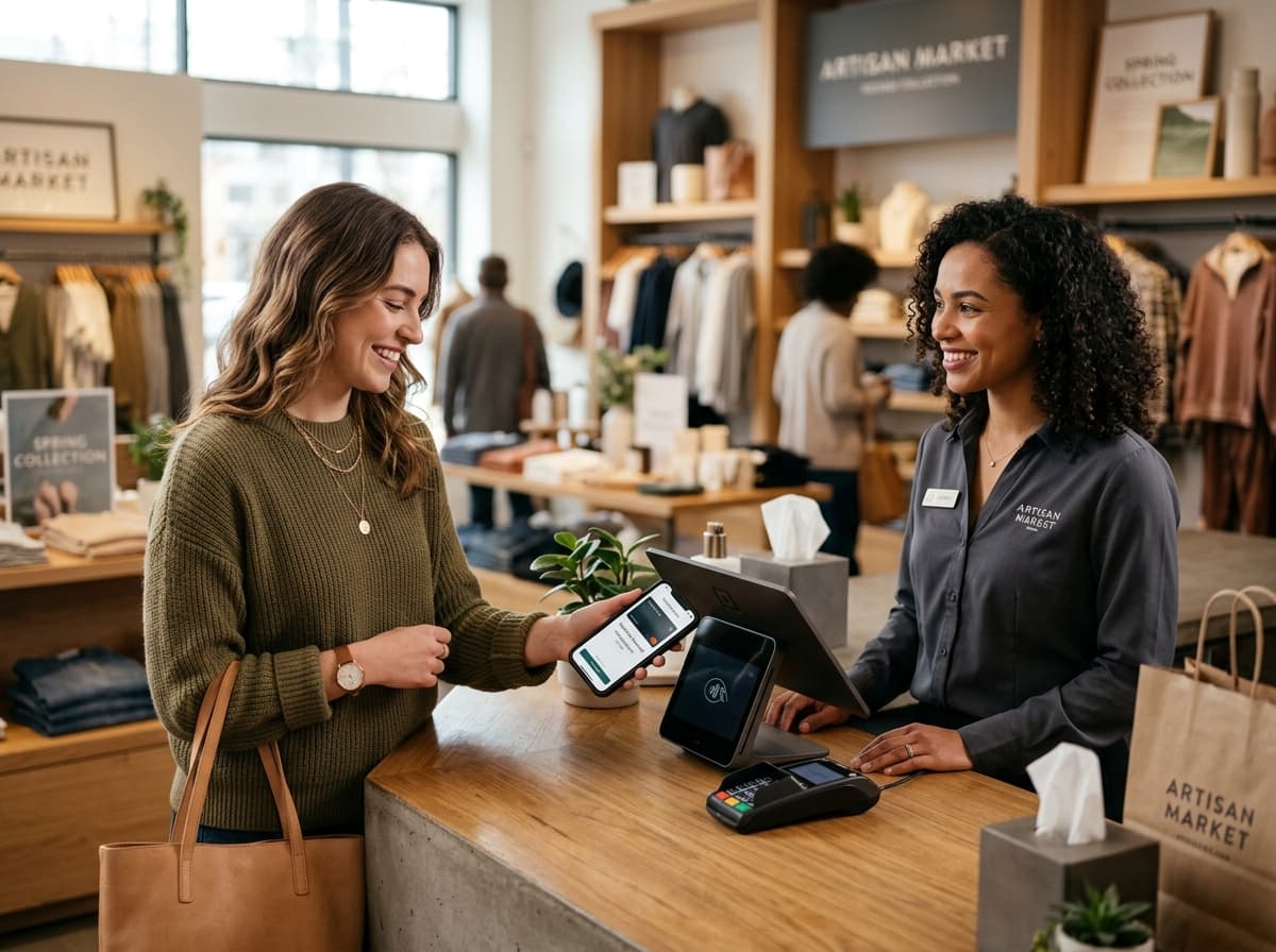 Customer scanning mobile loyalty pass at modern retail checkout counter