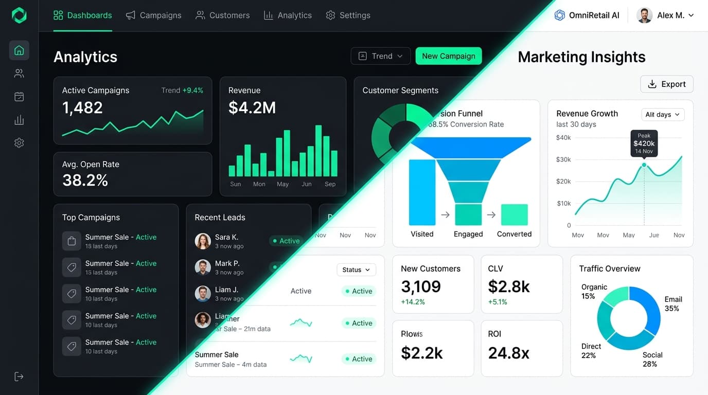 Ziro Marketing Platform Dashboard - Diagonal Split Dark Mode and Light Mode